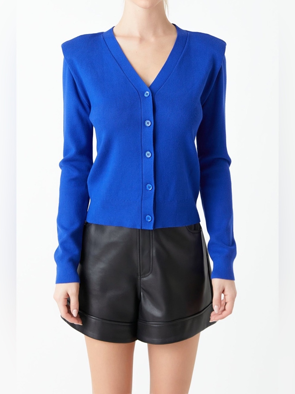 Grey Lab V-Neck Cardigan Royal Blue Size S Shoulder Pad Fitted NWOT